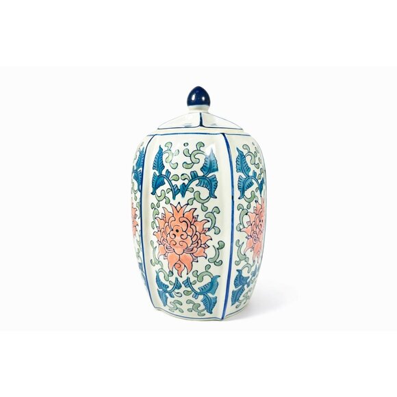 None Other - Ginger Temple Jar Lidded Vintage Chinoiserie Blue White Pink Rose pattern Home S